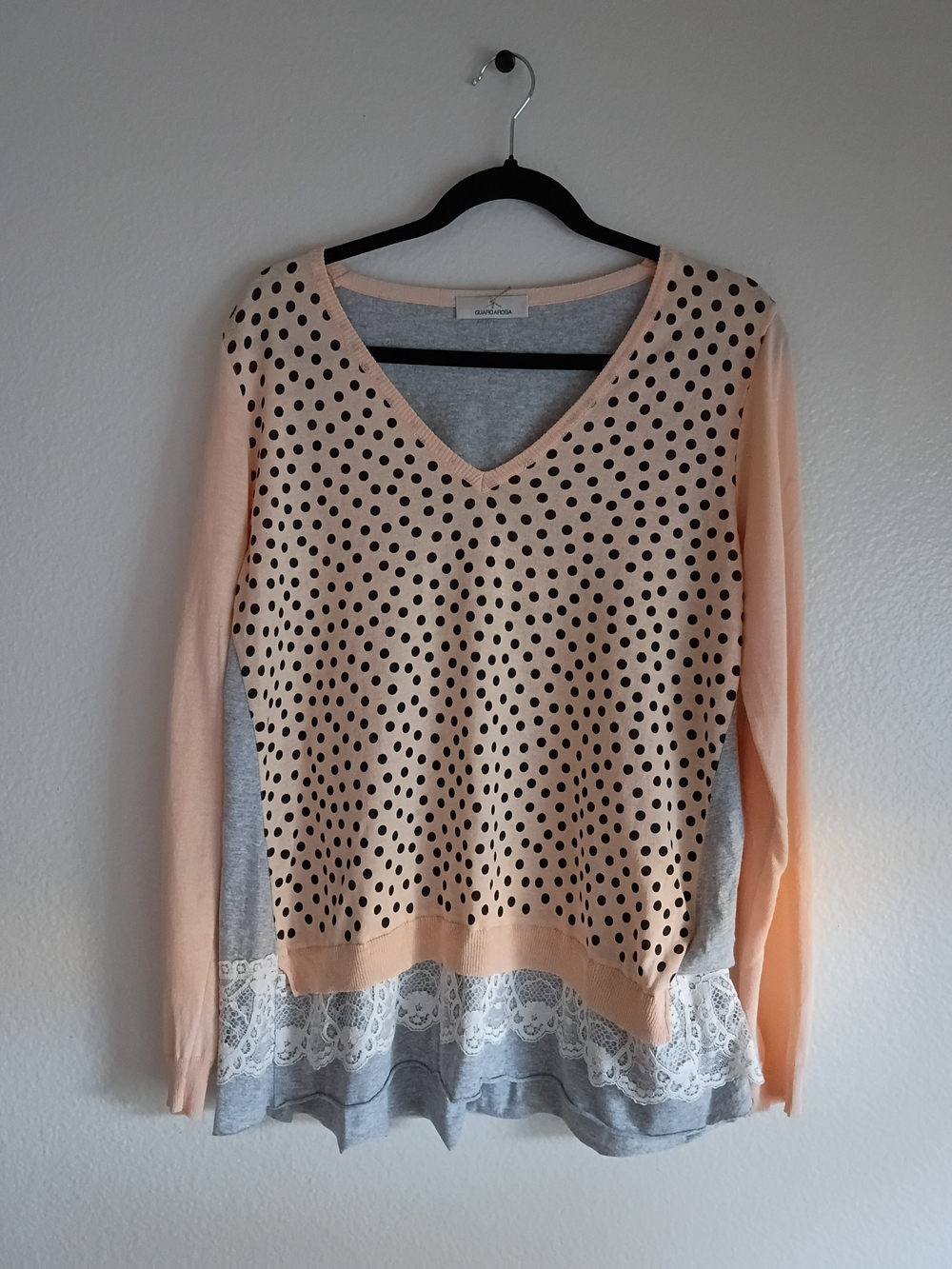 Layered Polka Dot V-Neck Sweater with Lace Trim - Peach